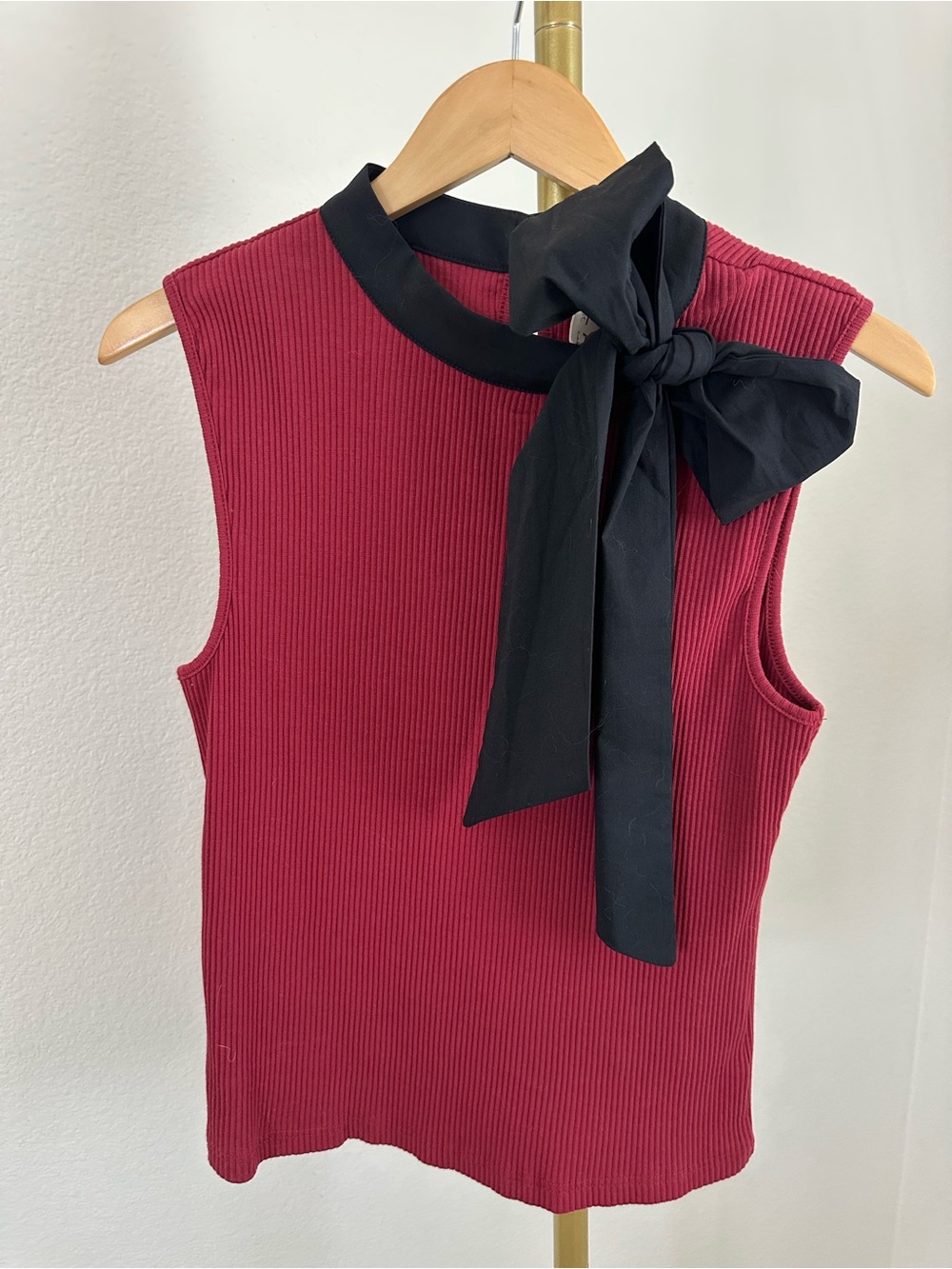 dolan Wine Red Ribbed Shell with Black Tie Neck